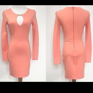 BEBE Long Sleeve Keyhole Coral Bodycon Dress - Size S/P